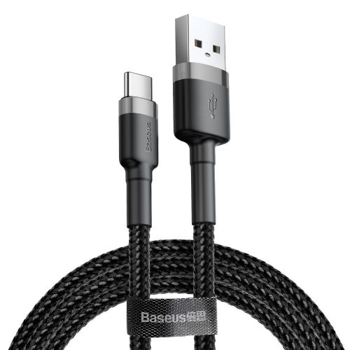Nabíjací a dátový kábel USB, USB Type-C, 200 cm, 2000 mA, s ochranou proti zlomeniu, rýchle nabíjanie, vzor šnúrky, Baseus Cafule CATKLF-CG1, čierna/sivá