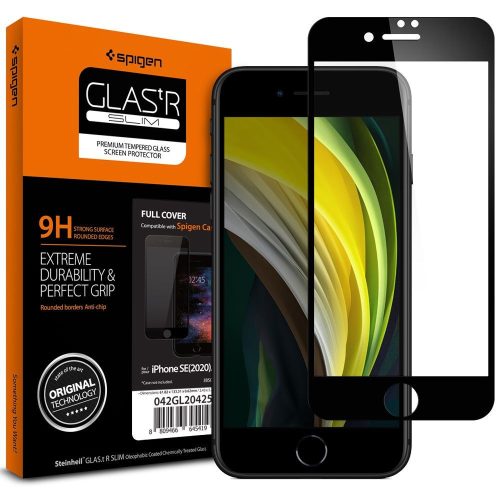 Apple iPhone 7 / 8 / SE (2020) / SE (2022), Ochranná fólia displeja, Fólia odolná proti nárazu (vrátane zakrivenej strany!), Tvrdené sklo, 3D plný kryt, Spigen Glastr Slim Full Cover, čierna