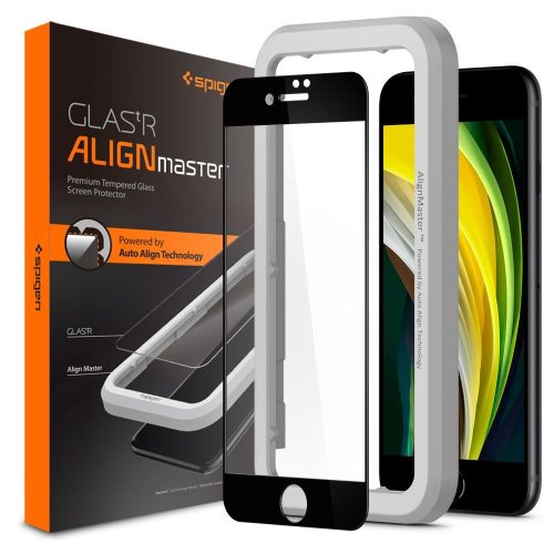Apple iPhone 7 / 8 / SE (2020) / SE (2022), Ochranná fólia displeja, Fólia odolná proti nárazu (vrátane zakrivenej strany), Tvrdené sklo, Full Cover, Spigen Glastr Alignmaster, čierna