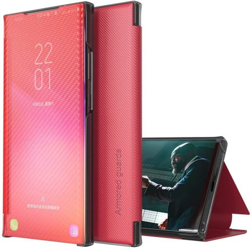 Samsung Galaxy M32 4G SM-M325F, bočné otváracie puzdro, stojan s indikátorom hovoru, kevlarový vzor, Wooze Smart View Cover Carbon, červená