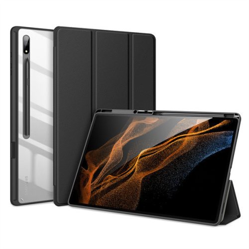 Samsung Galaxy Tab S8 Ultra 14.6 SM-X900 / X906, puzdro na zloženie, Trifold, päta so vzduchovým polstrovaním, odolné voči stredným nárazom, s držiakom na pero S-Pen, priehľadná zadná strana, Dux Ducis Toby, čierna