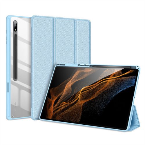 Samsung Galaxy Tab S8 Ultra 14.6 SM-X900 / X906, zakladačové puzdro, Trifold, päta so vzduchovým polstrovaním, stredne odolné proti nárazom, s držiakom S-Pen, priehľadná zadná strana, Dux Ducis Toby, modrá