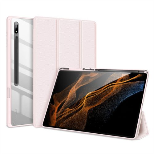 Samsung Galaxy Tab S8 Ultra 14.6 SM-X900 / X906, zakladačové puzdro, Trifold, päta so vzduchovým polstrovaním, stredne odolné proti nárazom, s držiakom S-Pen, priehľadná zadná strana, Dux Ducis Toby, ružová