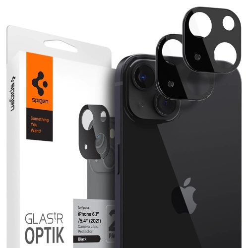 Apple iPhone 13 Mini / 13, ochranná fólia na šošovku fotoaparátu, nárazuvzdorná fólia, tvrdené sklo, Spigen Glastr Optik, čierna, 2 ks / balenie