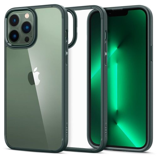 Apple iPhone 13 Pro Max, Plastový zadný kryt + silikónový rám, Spigen Ultra Hybrid, číra/tmavozelená