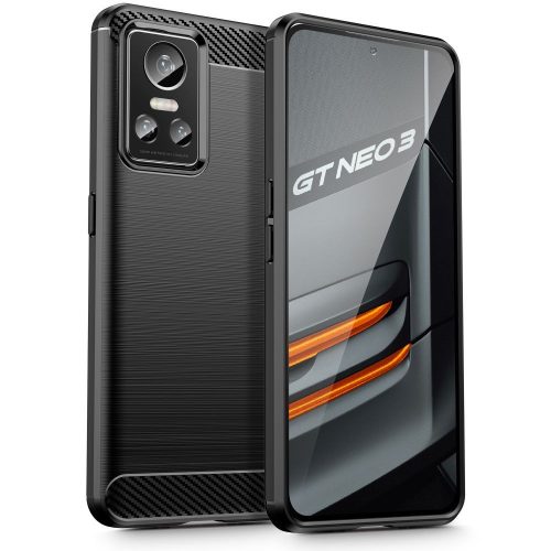 Realme GT Neo3 / Neo3 150W, silikónové puzdro, stredne odolné proti nárazu, kartáčované, karbónový vzor, čierne