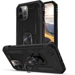   Apple iPhone 14 Plus, Plastový zadný kryt, stredne odolný proti nárazu, silikónová vnútorná strana, krúžok držiaka telefónu, Defender, čierny