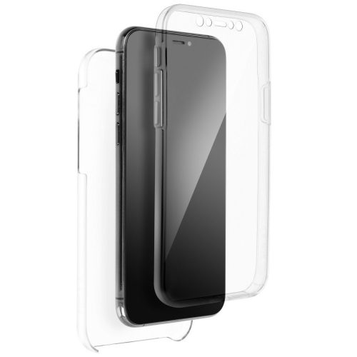 Apple iPhone 14, silikónové puzdro, predná a plastová ochrana zadnej strany, 360 Full Cover, priehľadné