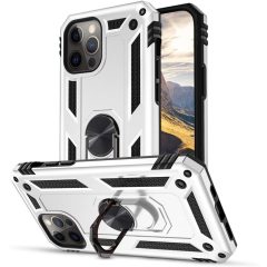   Apple iPhone 15 Plus, Plastový zadný kryt, stredne odolný proti nárazu, silikónová vnútorná strana, krúžok na uchytenie telefónu, Defender, strieborný