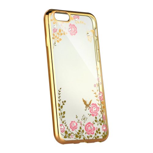 Apple iPhone 5 / 5S / SE, TPU silikónové puzdro, Forcell Diamond, vzor kamenných kvetov, zlaté