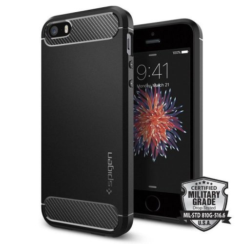 Apple iPhone 5 / 5S / SE, TPU silikónové puzdro, Spigen Rugged Armor, karbónový vzor, čierna