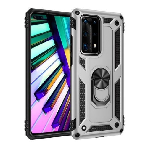 Huawei P Smart Pro (2019) / Y9s (2019), Plastový zadný kryt s ochranou proti strednému nárazu, silikónový vnútrajšok, krúžok držiaka telefónu, Defender, strieborná farba