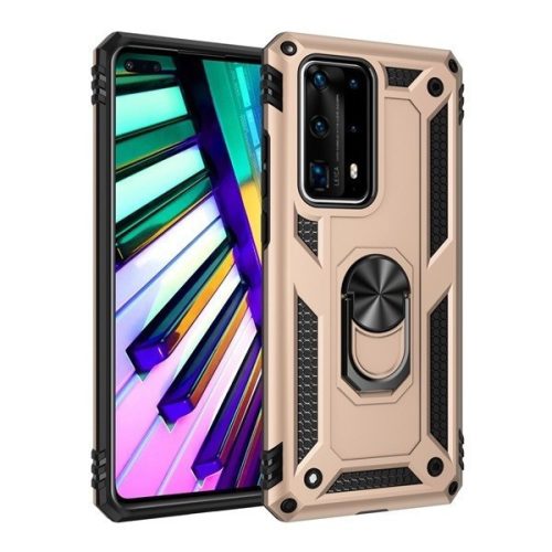 Motorola One Vision / P50, Plastový zadný kryt, stredne odolný proti nárazu, silikónová vnútorná strana, krúžok na držiak telefónu, Defender, zlatá