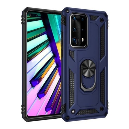 Motorola One Vision / P50, Plastový zadný kryt, stredne odolný proti nárazu, silikónová vnútorná strana, krúžok držiaka telefónu, Defender, tmavomodrá