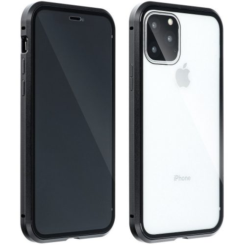 Huawei P20, hliníkový magnetický ochranný rám s predným a zadným sklom, magnetické plné sklo, priehľadný/čierny