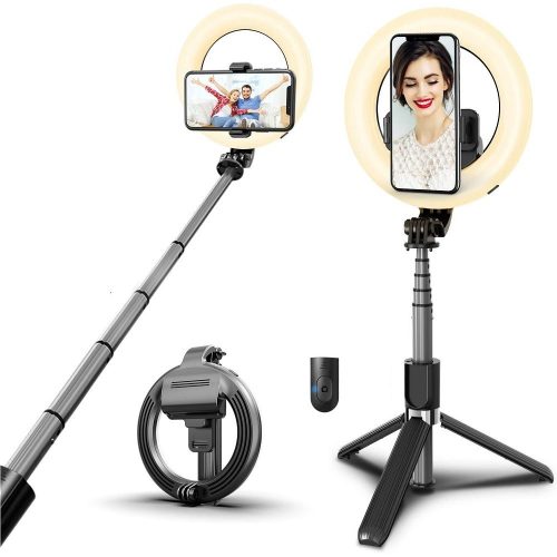 Prémiová selfie tyč, 19 - 90 cm, 360° otáčanie, tlačidlo spúšte, v4.0, bluetooth, funkcia statívu, s osvetlením, čierna
