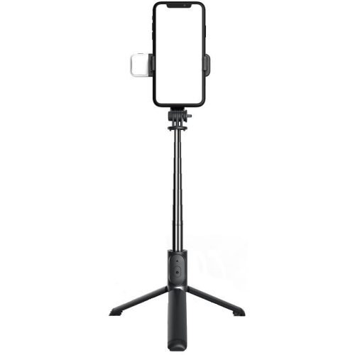 Prémiová selfie tyč, 19 - 104 cm, 360° rotácia, tlačidlo spúšte, bluetooth, v4.0, funkcia statívu, so svetlom, čierna