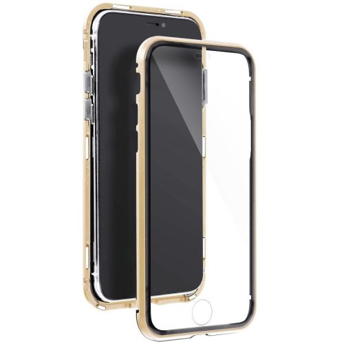 Samsung Galaxy A21s SM-A217F, hliníkové magnetické ochranné puzdro s predným a zadným sklom, magnetické plné sklo, priehľadné/zlaté