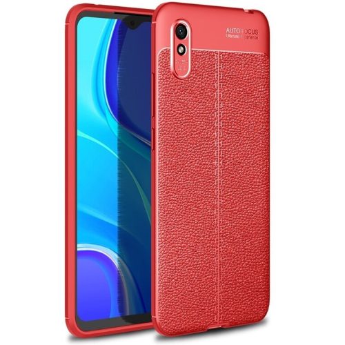 Xiaomi Redmi 9A / 9AT / 9i, silikónové puzdro, kožený efekt, prešívaný vzor, červená farba