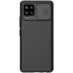   Samsung Galaxy A42 5G / M42 5G SM-A426B / M426B, Plastový zadný kryt, stredne odolný proti nárazu, ochrana fotoaparátu, pruhovaný vzor, Nillkin CamShield, čierny