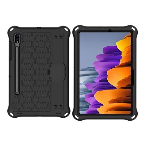 Samsung Galaxy Tab S7 11.0 / Tab S8 11.0, Plastový zadný kryt, silikónový interiér, sklopný zadný chránič a popruh na zápästie, vzor medovej plástvy, Defender, čierna