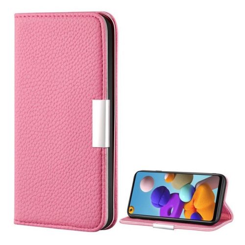 Samsung Galaxy A21s SM-A217F, bočné otváracie puzdro, kožený efekt, stojan, elegantná kovová pracka, magnetická, ružová