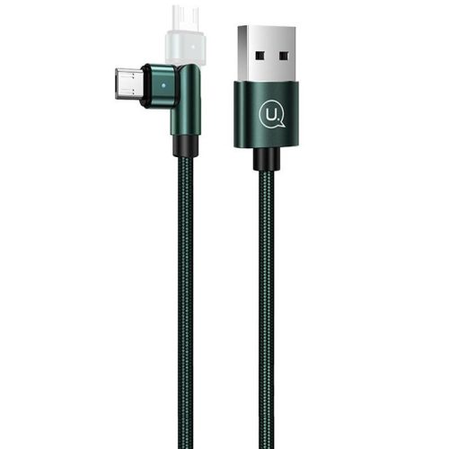 Nabíjací a dátový kábel USB, microUSB, 100 cm, 2000 mA, 180° otočná hlavica, LED, vzor šnúrky, Usams U60, tmavozelená, US-SJ478