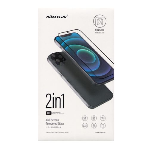 Apple iPhone 12 Pro, ochranná fólia na displej, nárazuvzdorná fólia (aj na zakrivenú časť!), tvrdené sklo + ochranná fólia na fotoaparát, 3D Full Cover, Nillkin Amazing 2v1, čierna