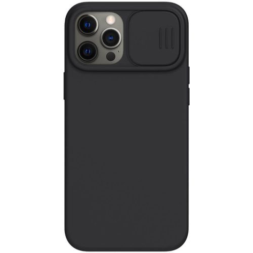 Apple iPhone 12 Pro Max, silikónové puzdro, stredne odolné proti nárazu, ochrana fotoaparátu, kompatibilné s nabíjačkou Magsafe, Nillkin CamShield Silky Magnetic, čierna farba