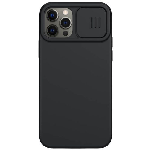 Apple iPhone 12 / 12 Pro, silikónové puzdro, stredne odolné proti nárazu, ochrana fotoaparátu, kompatibilné s nabíjačkou Magsafe, Nillkin CamShield Silky Magnetic, čierna farba