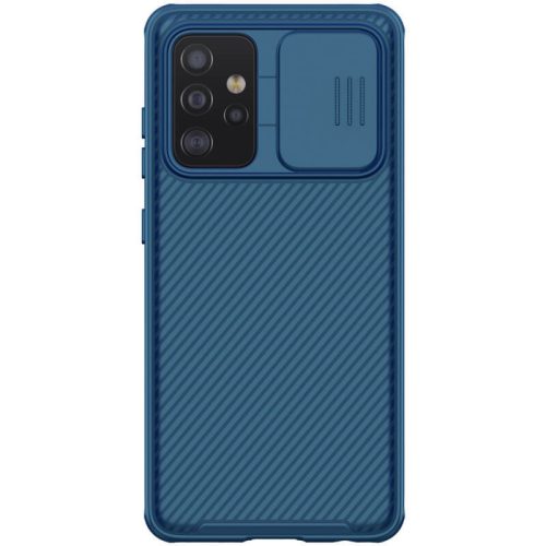 Samsung Galaxy A52 / A52 5G / A52s 5G SM-A525F / A526B / A528B, plastová zadná strana + silikónový rám, stredne odolná proti nárazu, ochrana fotoaparátu, pruhovaný vzor, Nillkin CamShield Pro, modrá