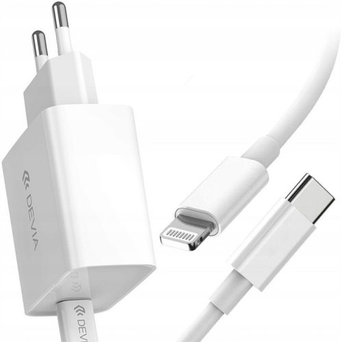 Sieťový nabíjací adaptér 20 W, zásuvka USB Type-C, kábel USB Type-C na Lightning, rýchle nabíjanie, PD, Devia E271, biely