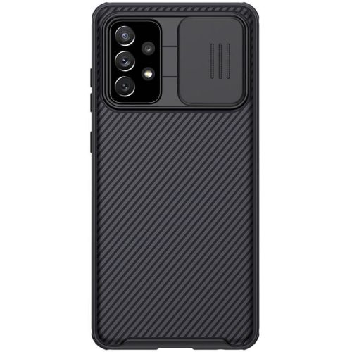 Samsung Galaxy A72 / A72 5G SM-A725F / A726B, plastová zadná strana + silikónový rám, stredne odolný proti nárazu, ochrana fotoaparátu, pruhovaný vzor, Nillkin CamShield Pro, čierna