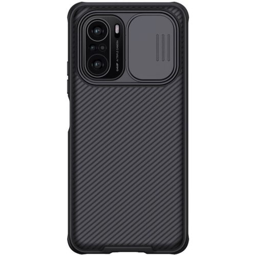 Xiaomi Redmi K40 / K40 Pro / K40 Pro Plus / Mi 11i / Poco F3, plastová zadná strana + silikónový rám, stredne odolný proti nárazu, ochrana fotoaparátu, pruhovaný vzor, Nillkin CamShield Pro, čierna