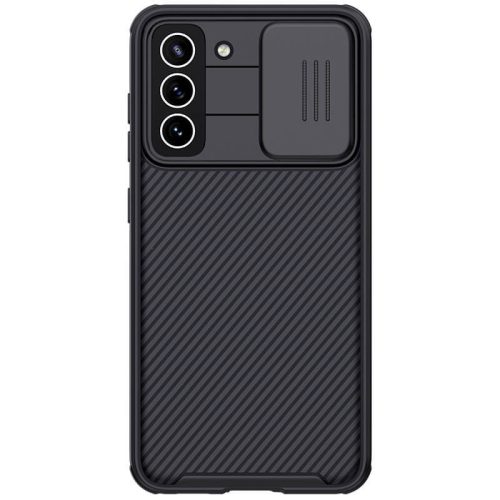Samsung Galaxy S21 FE 5G SM-G990, plastová zadná strana + silikónový rám, stredne odolný proti nárazu, ochrana fotoaparátu, pruhovaný vzor, Nillkin CamShield Pro, čierna