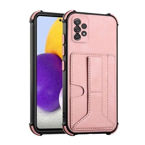 Samsung Galaxy A52 / A52 5G / A52s 5G SM-A525F / A526B / A528B, silikónové puzdro, stredne odolné proti nárazu, stojan, zadná strana s koženým vzhľadom, držiak na karty, remienok na zápästie, červené zlaté