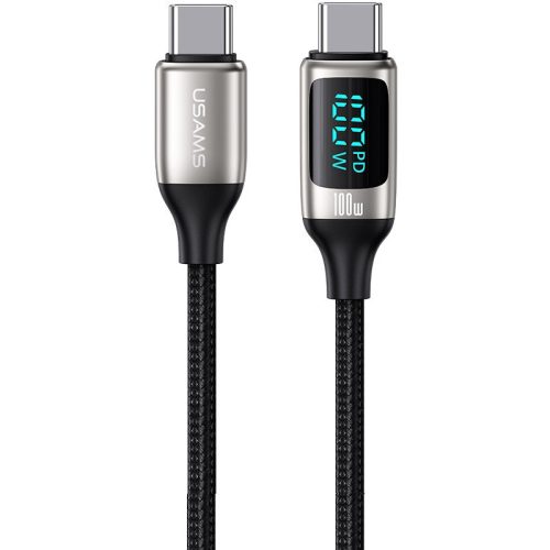 Nabíjací a dátový kábel USB Type-C, USB Type-C, 120 cm, 5000 mA, 100 W, LED displej, rýchle nabíjanie, PD, vzor šnúrky, Usams U78, US-SJ546, čierna/strieborná