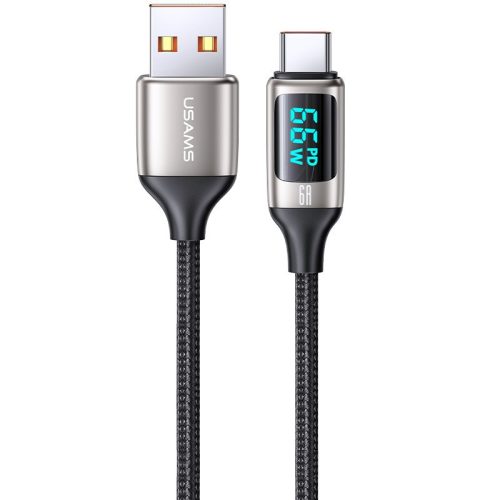 Nabíjací a dátový kábel USB, USB Type-C, 120 cm, 6000 mA, LED displej, rýchle nabíjanie, PD, vzor šnúrky, Usams U78, US-SJ544, čierna/strieborná