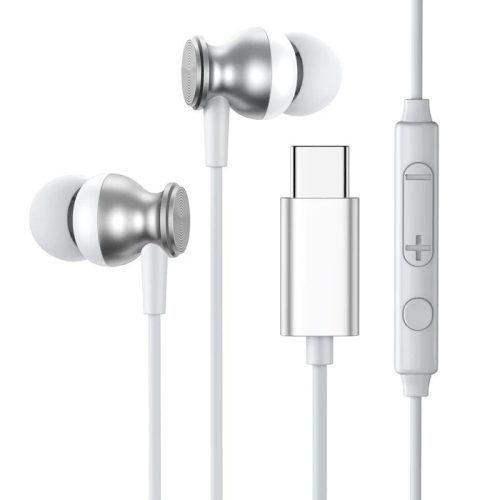 Káblové stereo slúchadlá, USB Type-C, mikrofón, funkčné tlačidlo, ovládanie hlasitosti, Joyroom EC04, strieborné