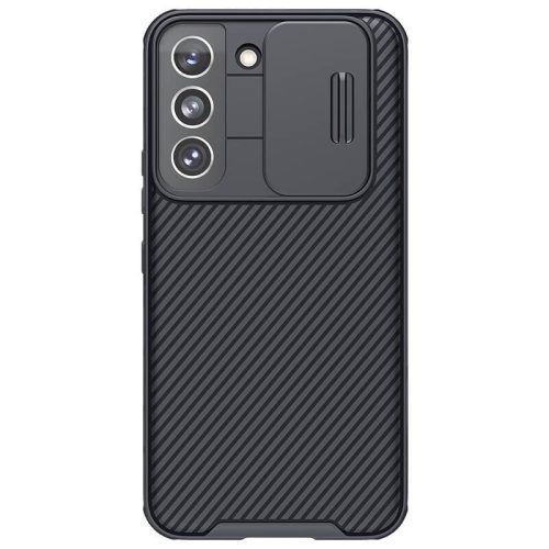 Samsung Galaxy S22 5G SM-S901, plastová zadná strana + silikónový rám, stredne odolný proti nárazu, ochrana fotoaparátu, pruhovaný vzor, Nillkin CamShield Pro, čierna