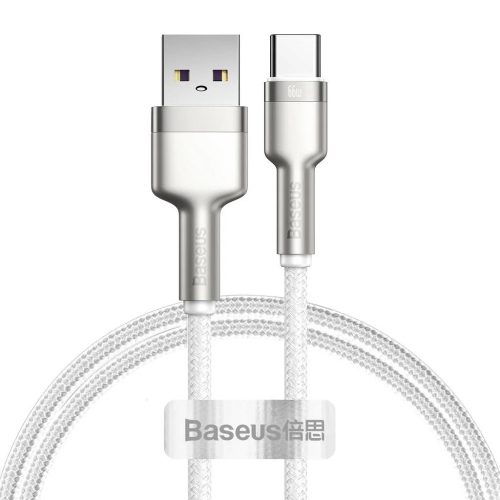 Nabíjací a dátový kábel USB, USB Type-C, 100 cm, 6000 mA, 66 W, s ochranou proti zlomeniu, rýchle nabíjanie, vzor šnúrky, Baseus Cafule Metal, CAKF000102, biely