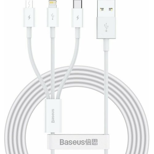 Nabíjací a dátový kábel USB 3v1, USB Type-C, Lightning, microUSB, 150 cm, 3500 mA, s ochranou proti nárazom, rýchle nabíjanie, Baseus Superior, CAMLTYS-02, biely