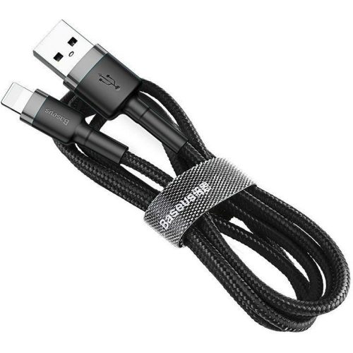 Nabíjací a dátový kábel USB, Lightning, 50 cm, 2400 mA, s ochranou proti zlomeniu, rýchle nabíjanie, vzor šnúrky, Baseus Cafule, CALKLF-AG1, čierna/sivá