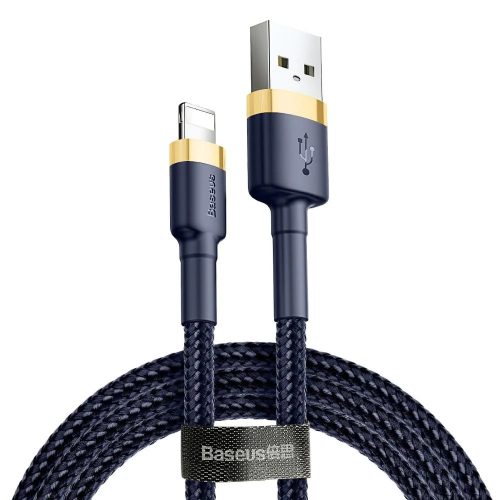 Nabíjací a dátový kábel USB, Lightning, 100 cm, 2400 mA, s ochranou proti zlomeniu, rýchle nabíjanie, vzor šnúrky, Baseus Cafule, CALKLF-BV3, tmavomodrá/zlatá