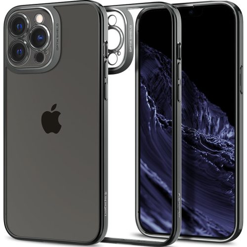 Apple iPhone 13 Pro Max, Silikónové puzdro s plastovým rámom, Spigen Optik Crystal, priehľadné/sivé