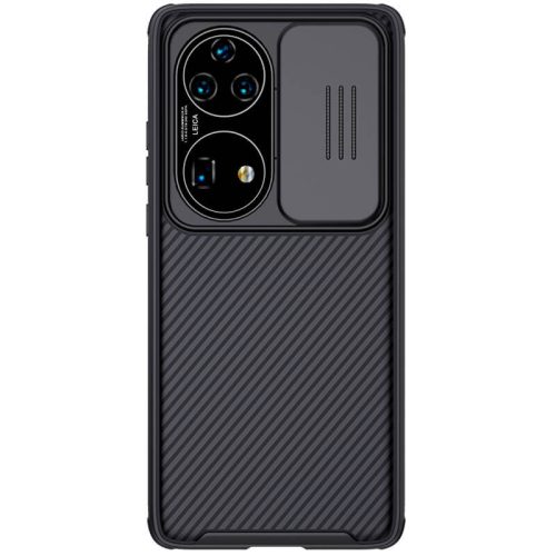 Huawei P50 Pro, Plastová zadná strana + silikónový rám, stredne odolný voči nárazom, ochrana fotoaparátu, pruhovaný vzor, Nillkin CamShield Pro, čierna