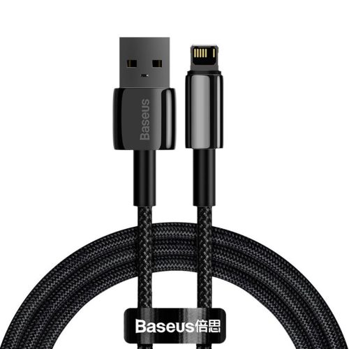 Nabíjací a dátový kábel USB, Lightning, 100 cm, 2400 mA, s ochranou proti rozbitiu, rýchle nabíjanie, Baseus Tungsten Gold, CALWJ-01, čierny
