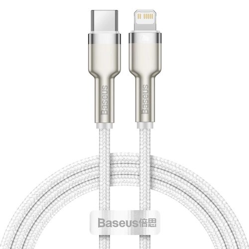 Nabíjací a dátový kábel USB Type-C, Lightning, 100 cm, 20 W, s ochranou proti nárazom, rýchle nabíjanie, PD, vzor šnúrky, Baseus Cafule Metal, CATLJK-A02, biely