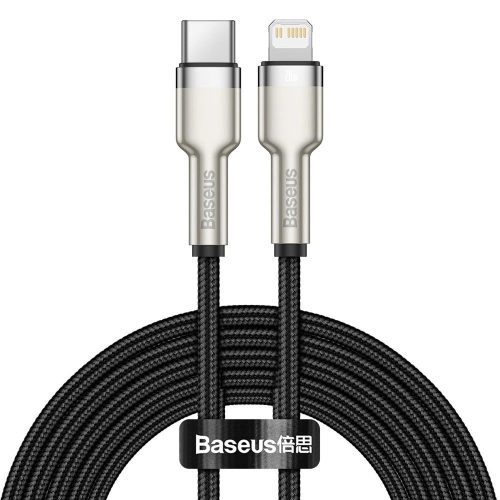 Nabíjací a dátový kábel USB Type-C, Lightning, 200 cm, 20 W, s ochranou proti otrasom, rýchle nabíjanie, PD, vzor šnúrky, Baseus Cafule Metal, CATLJK-B01, čierna