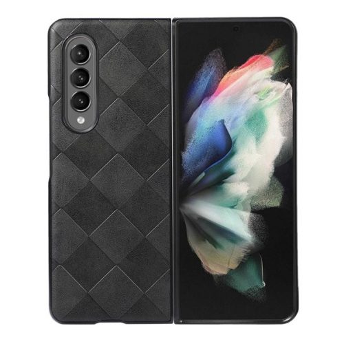 Samsung Galaxy Z Fold3 5G SM-F926B, plastový zadný kryt, stredne odolný proti nárazu, zadný kryt s koženým efektom, 3D štvorcový vzor, čierny